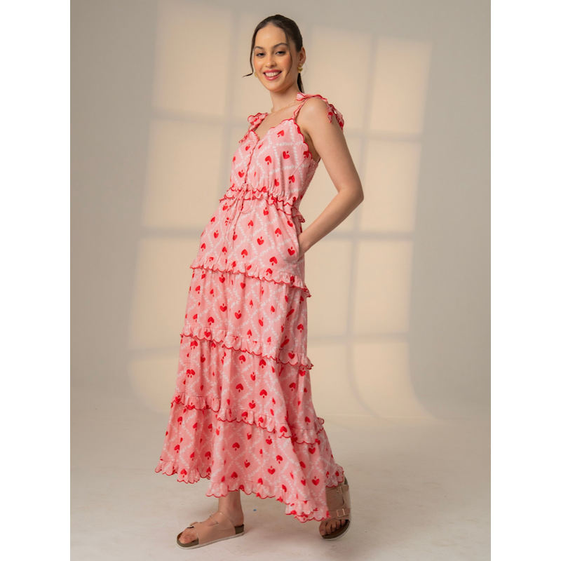 Alice Pink Red Heart Print Tiered Maxi Dress | Rose & Nancy | Wolf & Badger