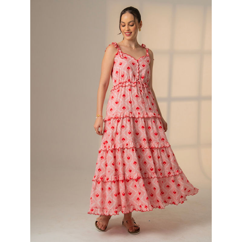 chinese dress ladies Women's Heart Print Maxi Dress with Button Front and Long Sleeves – Serenmae main image 1