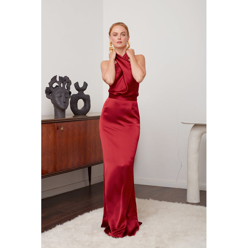 peach evening dress with sleeves Plunging Back Cowl Dress in Sangre XL(IN-STOCK) main image 1