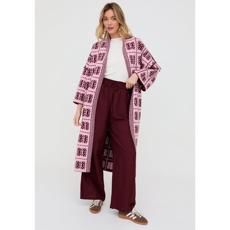 Thumbnail of Ally Abstract Print Long Line Cardigan In Pink image