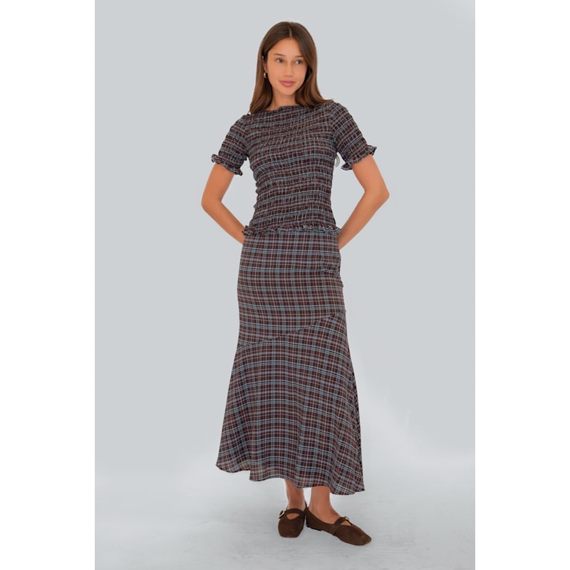 Alma Heritage Check Chiffon Asymmetric Maxi Skirt | AMY LYNN