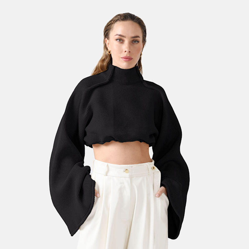 Black High-Neck Cropped Rib-Knit Jumper – Oversized Bell Sleeves by Kargede