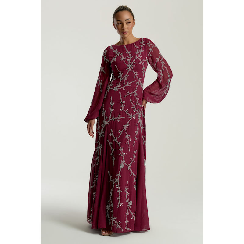 Women's Red Amara Burgundy Embellished Maxi Dress | Large | Frock and Frill