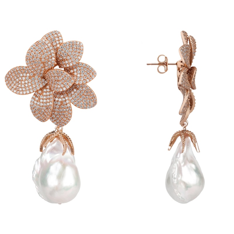 Thumbnail of Amaryllis Flower Baroque Pearl Drop Earrings White Rosegold image
