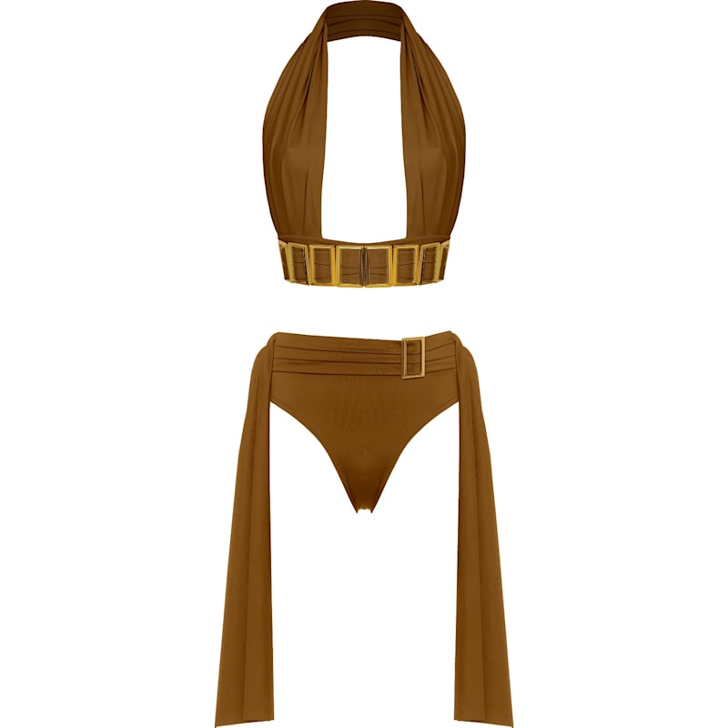 Thumbnail of Amaze High Waisted Swimwear Bottom With Decorative Belt And Golden Buckle In Golden Brown image