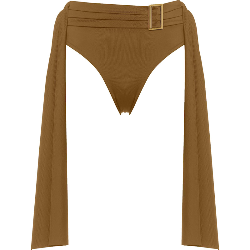 Thumbnail of Amaze High Waisted Swimwear Bottom With Decorative Belt And Golden Buckle In Golden Brown image