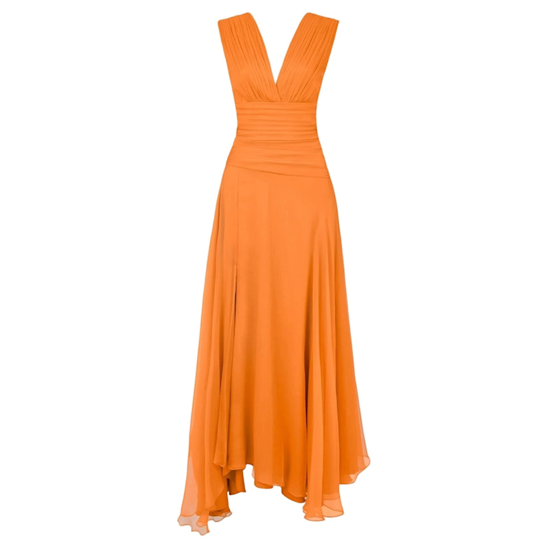 Thumbnail of Amber Orange Silk Dress Drapery On The Bust And Skirt V Neckline image