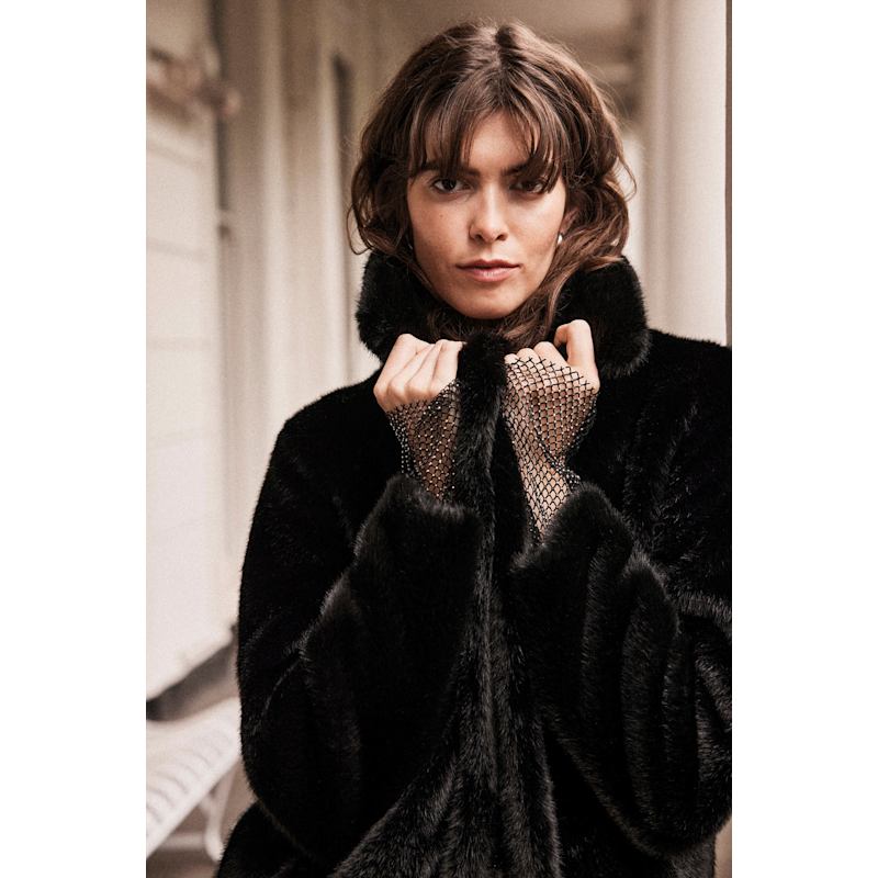Amelia Maxi Coat Vegan Faux Fur Black | ISSY LONDON | Wolf & Badger