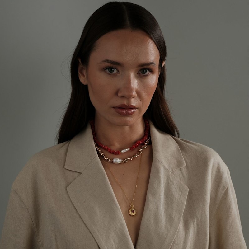 Thumbnail of Amorphous Baroque Pearl Red Coral Necklace image