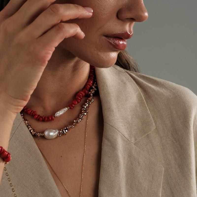 Thumbnail of Amorphous Baroque Pearl Red Coral Necklace image