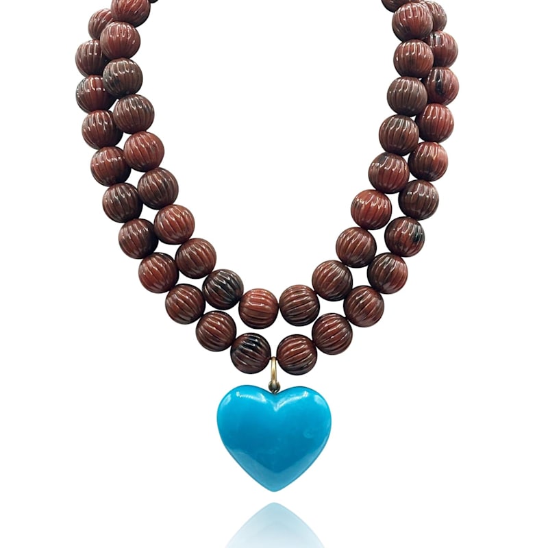 Thumbnail of Amour Carved Tortoise Resin Beads With Turquoise Resin Heart Pendant image