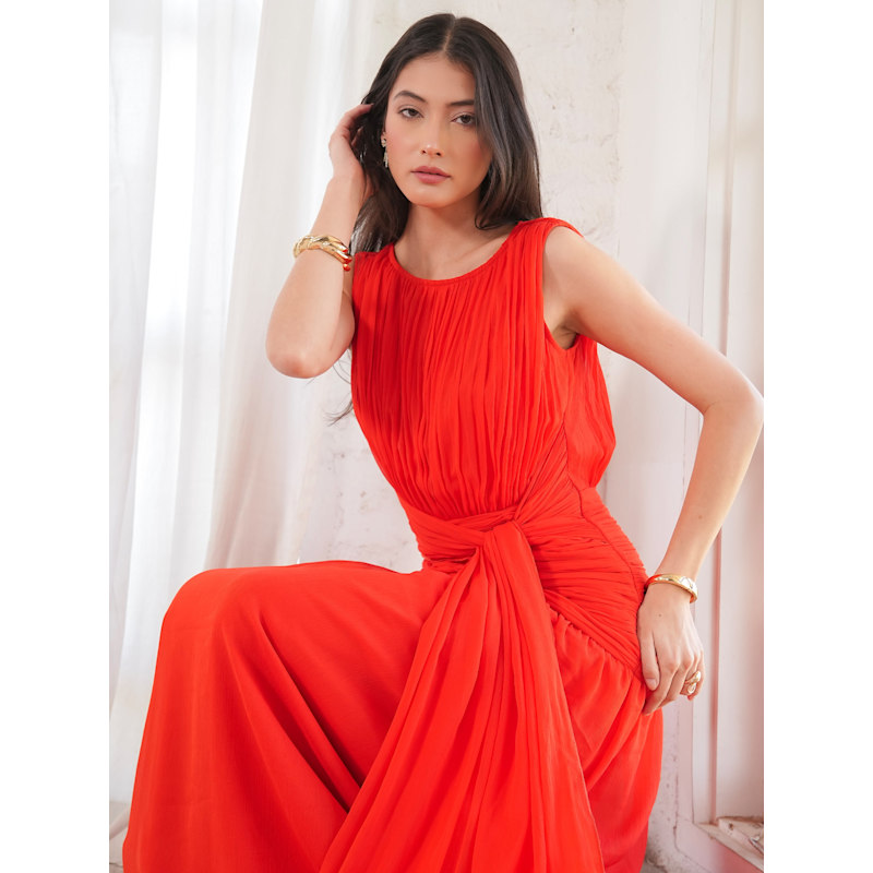 chinese dress ladies Solid Color Spaghetti Strap Slim-fit Tie-back Drape Maxi Dress  roschic