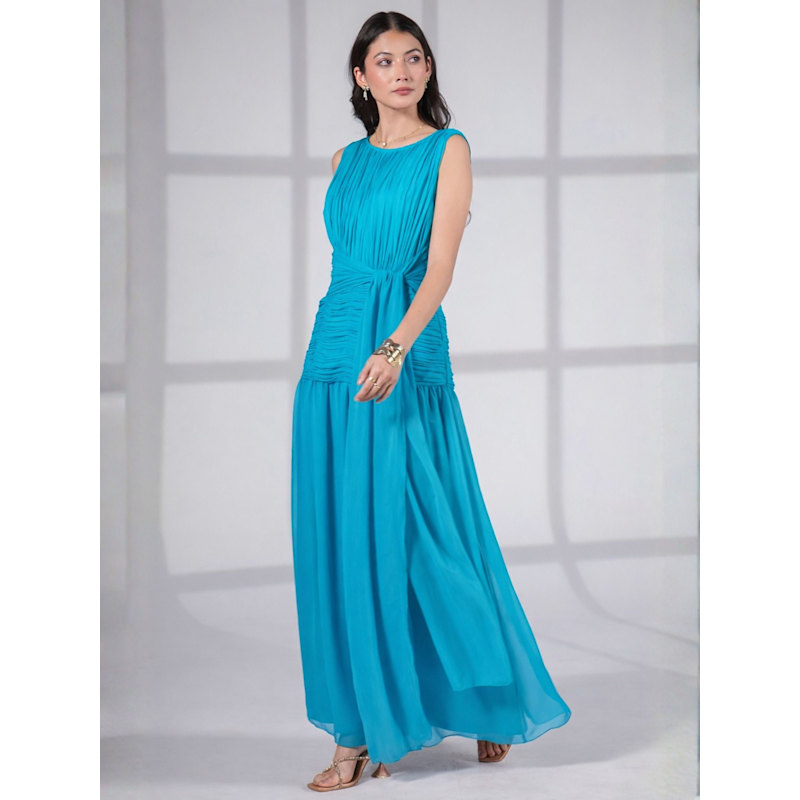 Rose & Nancy Drape Tie Waist Maxi Dress - Blue