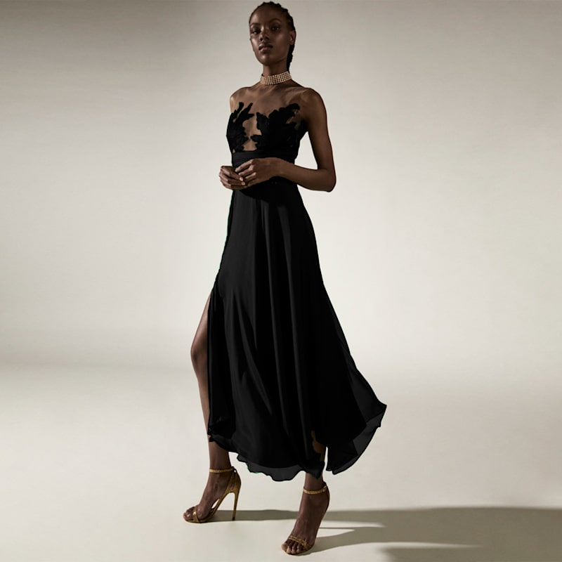 Andante Black Midi Silk Voile And Viscose Embroidery Dress | Alina