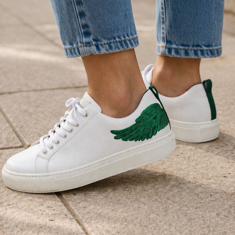 Thumbnail of Angels Ease- Classic Trainer In White With Emerald Green Wing image