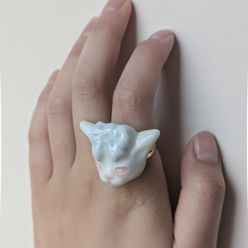 Thumbnail of Angry Puss Porcelain Light Blue Bow Tie Cat 14K Gold Plated Brass Ring image