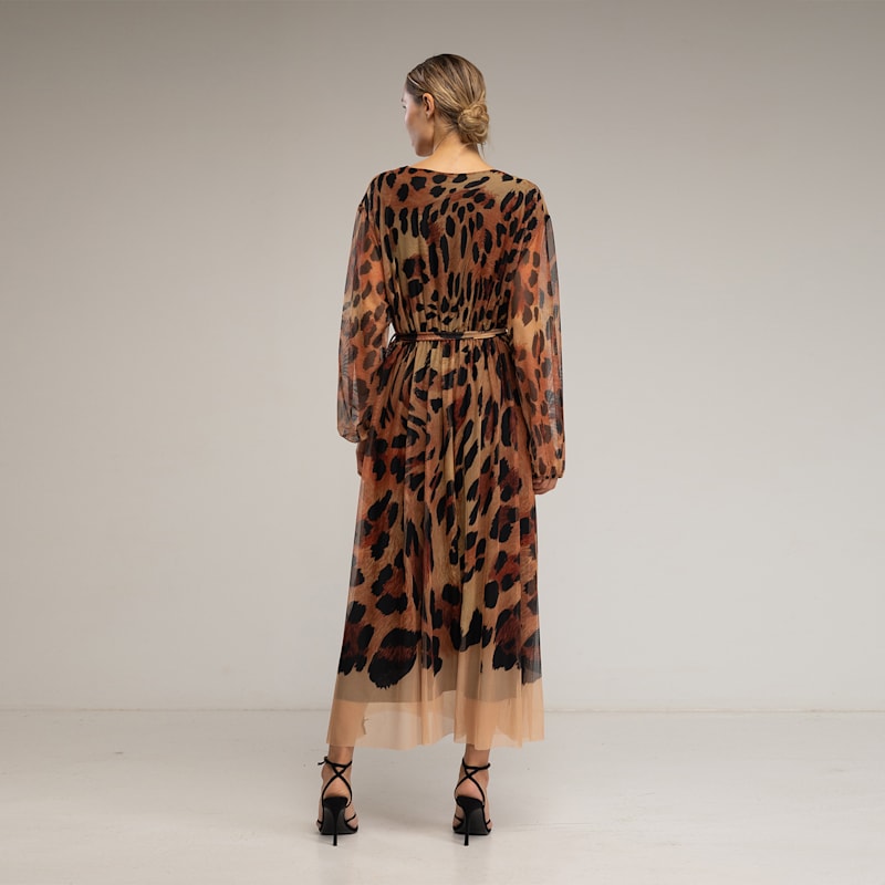 Thumbnail of Animal Print Tulle Midi Dress With V-Neck. image