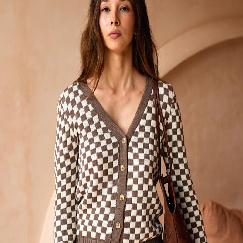 Thumbnail of Annie Checked Knit Cardigan In Brown image