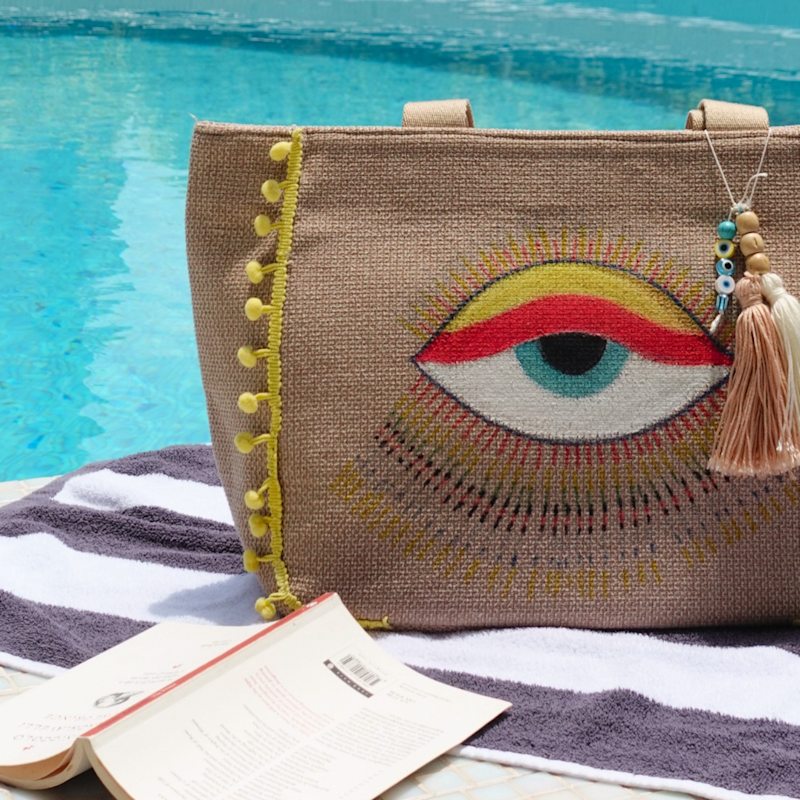 Thumbnail of Antalya Hand-Painted Evil Eye Beach Bag – Yellow Pom Pom Edition image
