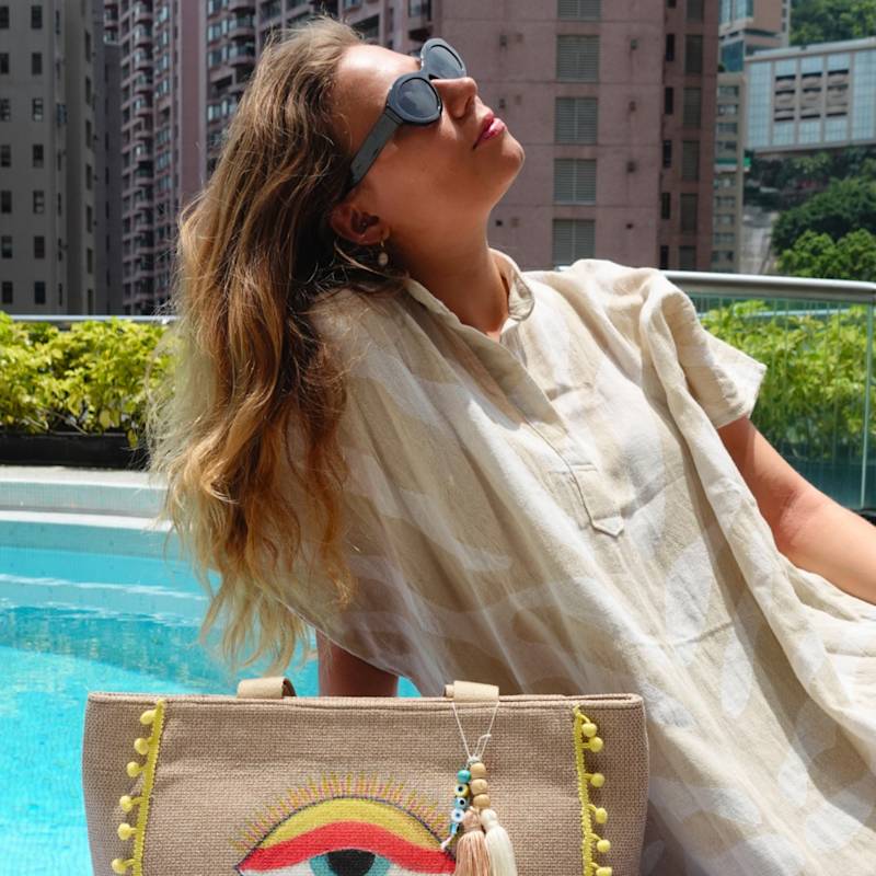 Thumbnail of Antalya Hand-Painted Evil Eye Beach Bag – Yellow Pom Pom Edition image