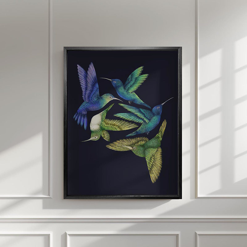 Thumbnail of Antique Hummingbirds I Indigo Fine Art Print L image