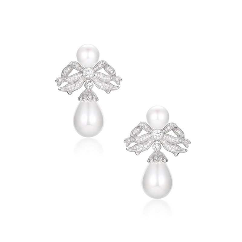 Thumbnail of 'Antoinette' Bow & Pearl Drop Silver Earrings image