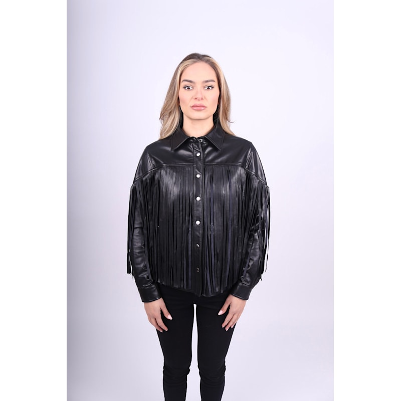 Thumbnail of Black Leather Fringe Button Up Shirt image