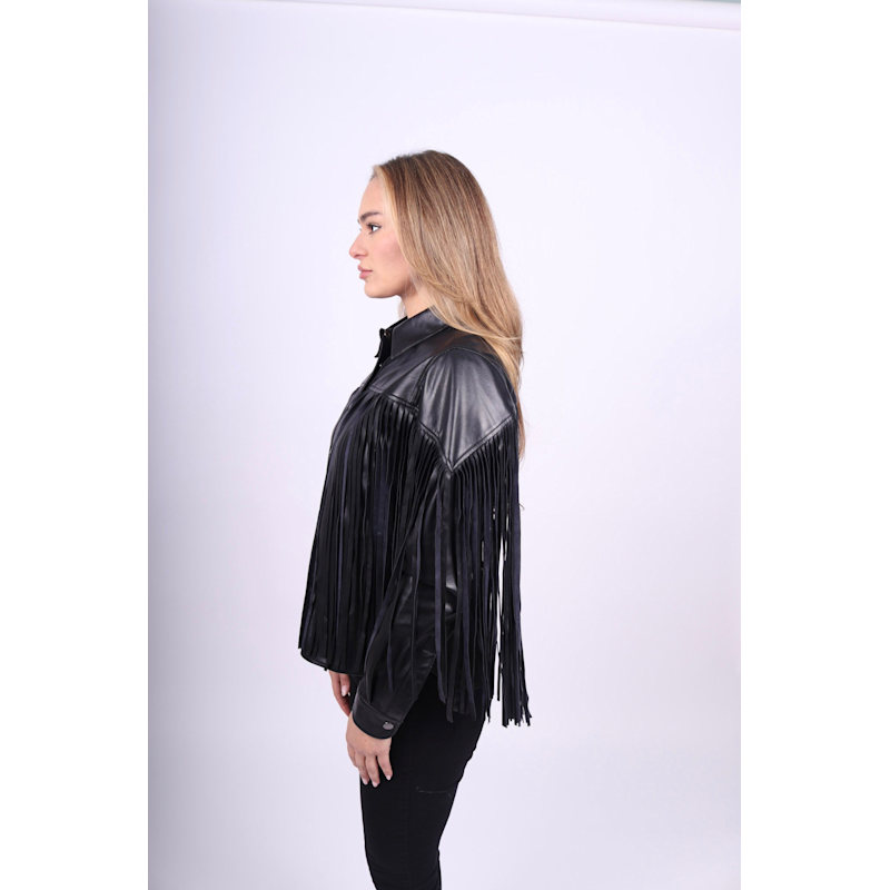 Thumbnail of Black Leather Fringe Button Up Shirt image