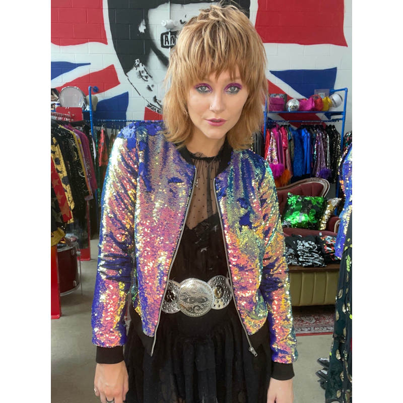 Thumbnail of Iridescent Oil Slick Sequin Bomber Jacket image