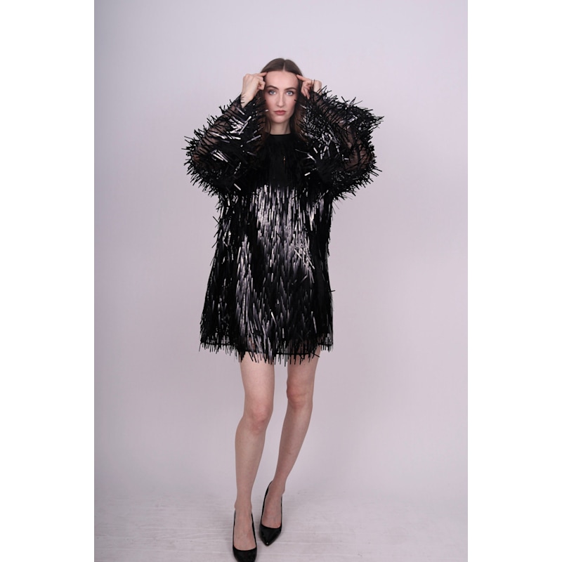 black sequin dress with fur Moda Glam Sequin Mini Dress With Feather Trim