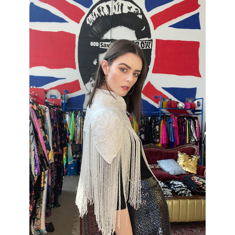 beaded shrug for dresses Aura Beaded and Sequined Gown with Red Layered Tulle Shrug main image 0