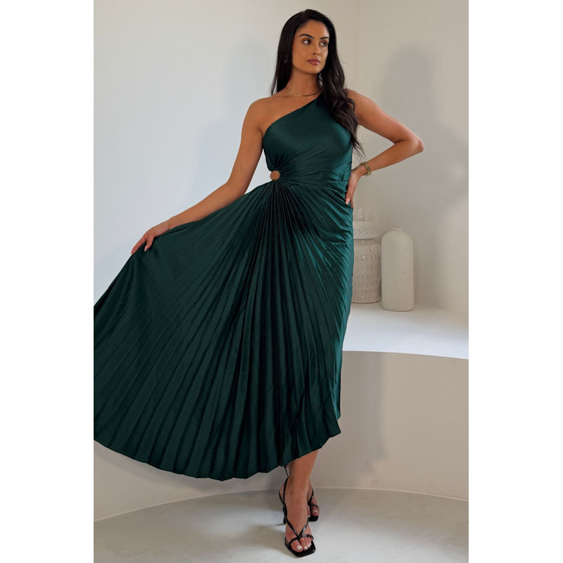 Aoife One Shoulder Pleated Midi Dress Emerald | Girl In Mind