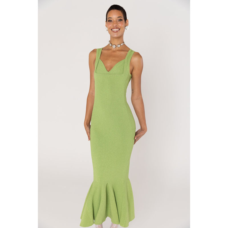 Andreeva | Apple Green Metallic Knit Maxi Dress M / Green