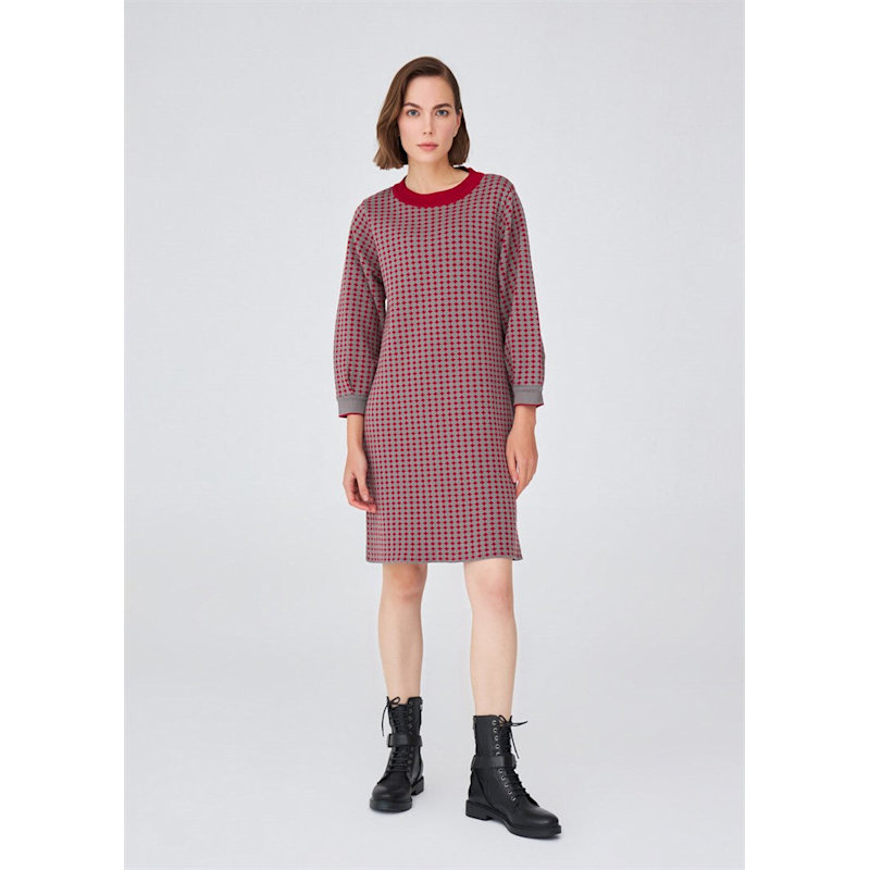 Thumbnail of Organic Cotton Wide O-Neck 3/4 Pleated Sleeve Above-Knee Knitwear Dress - Grey/Bordeaux image