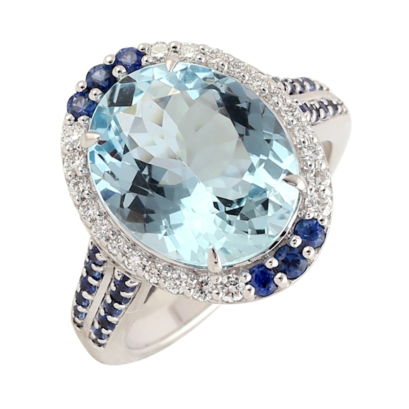 Blue Sapphire Aquamarine Pave Diamond Cocktail Ring In White Gold by  Artisan