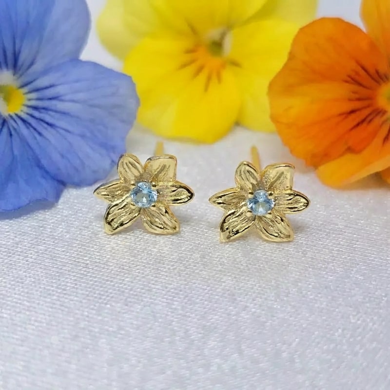 Thumbnail of Aquamarine March Birthstone Daffodil Birthflower Gold Plated Stud Earrings image