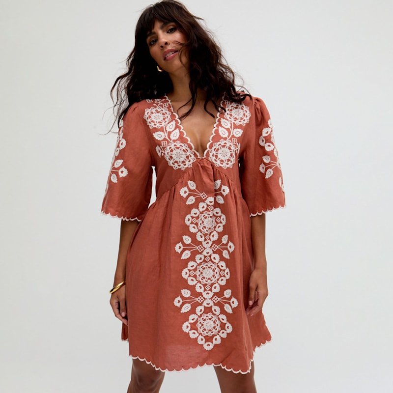 Raffya Arabella Embroidered Linen Mini Dress - Brown