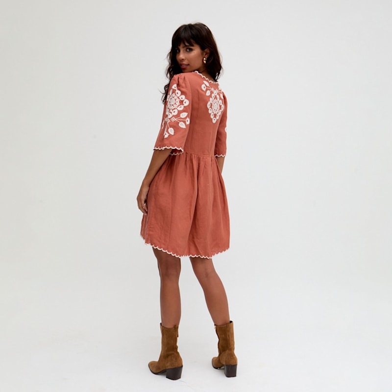 Thumbnail of Arabella Brown Linen With White Embroidered Mini Dress image