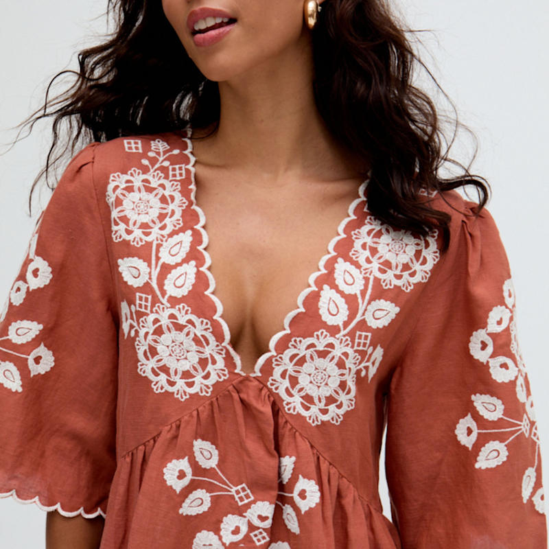Thumbnail of Arabella Brown Linen With White Embroidered Mini Dress image