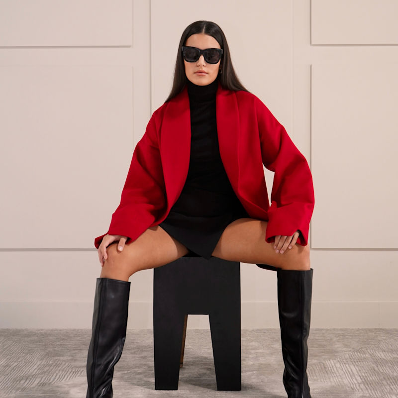 Aredra Belted Oversized Short Coat - Red | SARA MIRZA | Wolf & Badger