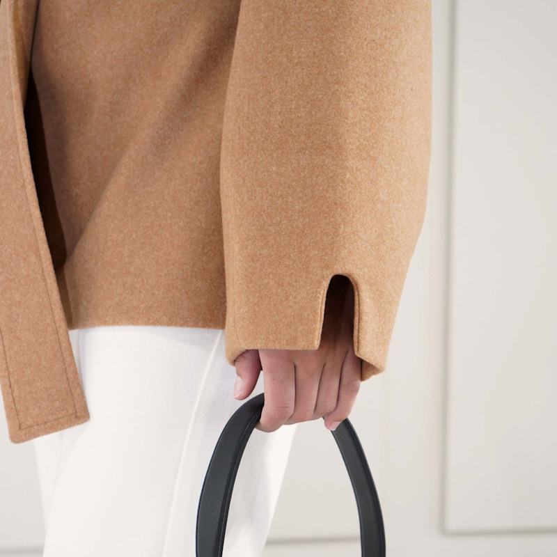 Aredra Belted Oversized Short Coat - Camel | SARA MIRZA | Wolf