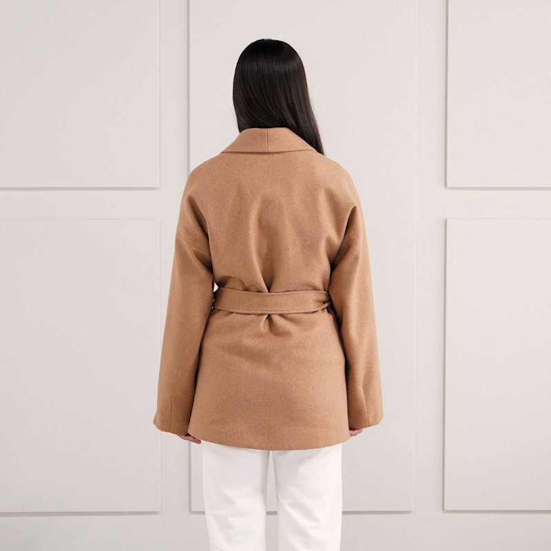 Aredra Belted Oversized Short Coat - Camel | SARA MIRZA | Wolf