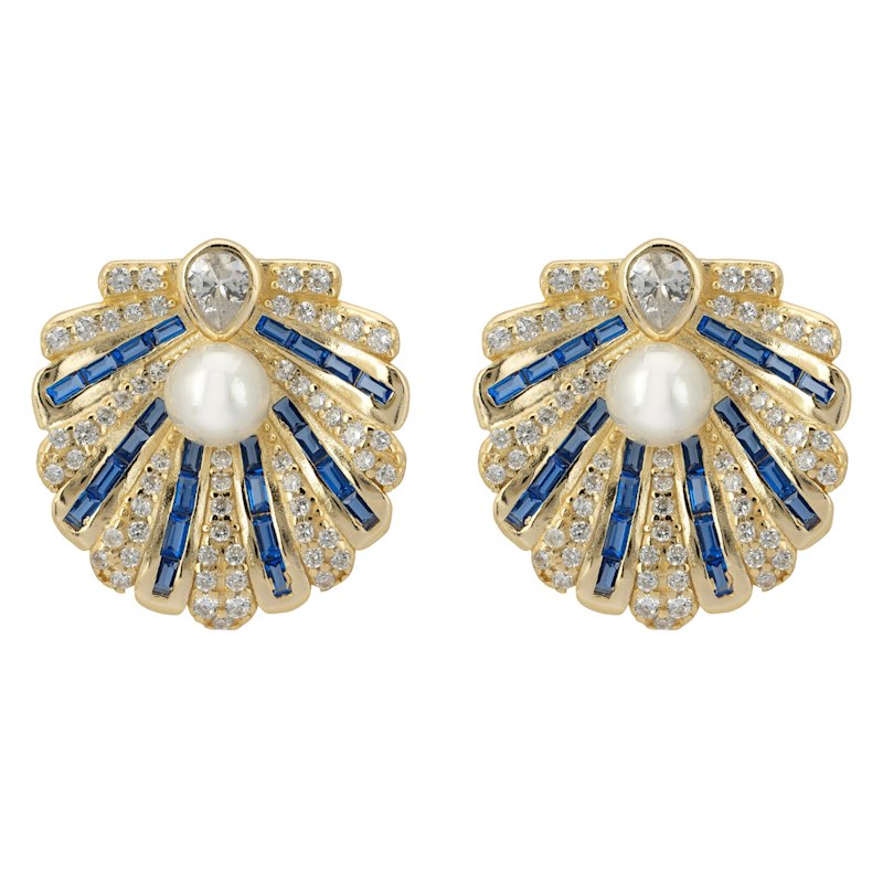 Thumbnail of Art Deco Scallop Shell Earrings Sapphire Blue With Pearl Gold image