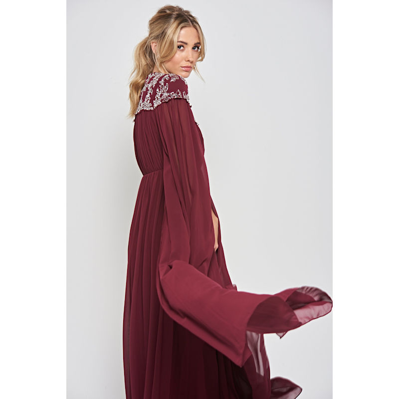 Frock And Frill Embellished Cape Sleeve Maxi Dress - Red