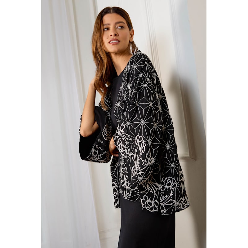 Thumbnail of Asanoha & Peony Embroidered Black & Ivory Fully Lined Short Kimono image