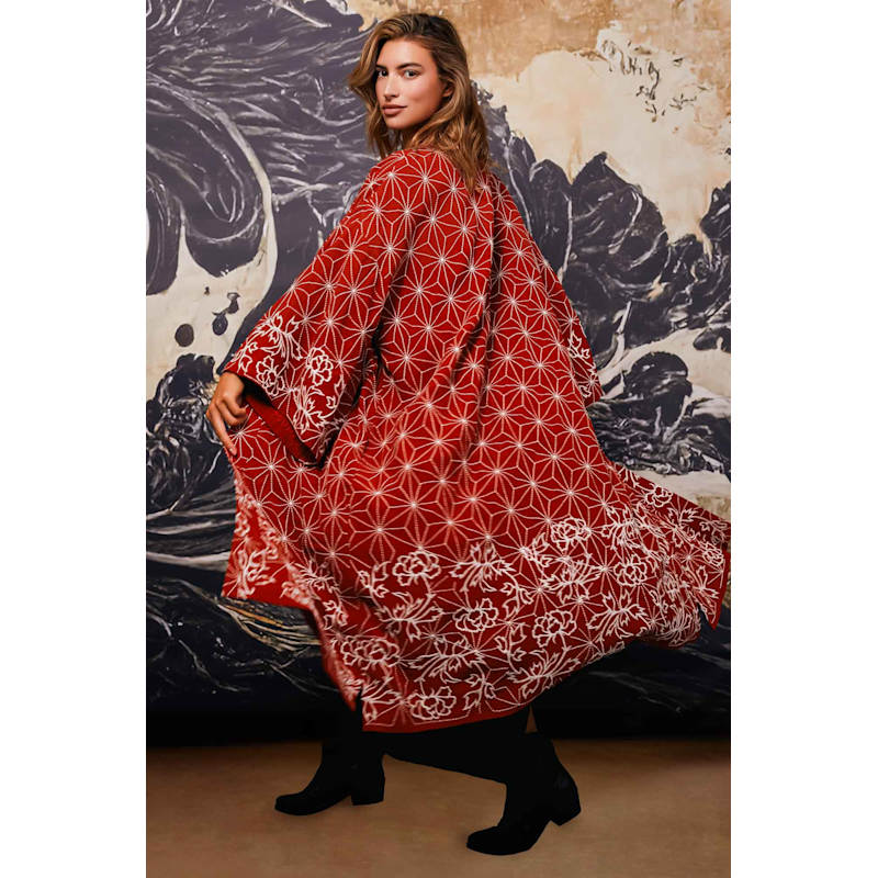 Asanoha & Peony Embroidered Fully Lined Terracotta Fully Lined Long Kimono - O/S | Artemis Muse