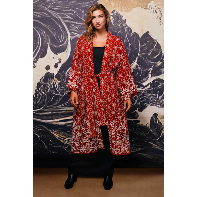 Asanoha & Peony Embroidered Terracotta Fully Lined Long Kimono