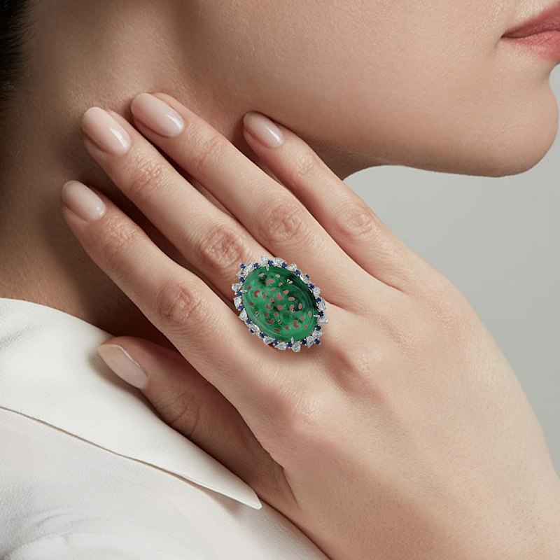 Thumbnail of 18K White Gold Carved Jade, Sapphire and Diamond Halo Ring image
