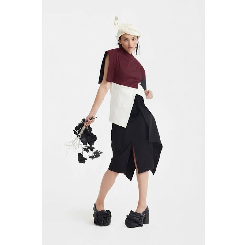 Thumbnail of Asymmetric Colour Block Top – Burgundy & Beige image