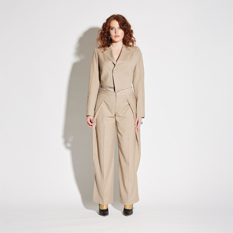 Thumbnail of Asymmetric Crop Pinstripe Blazer - Beige-Cream image